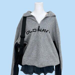 gray and black y2k logo quarter zip fleece sweater indie skate grunge